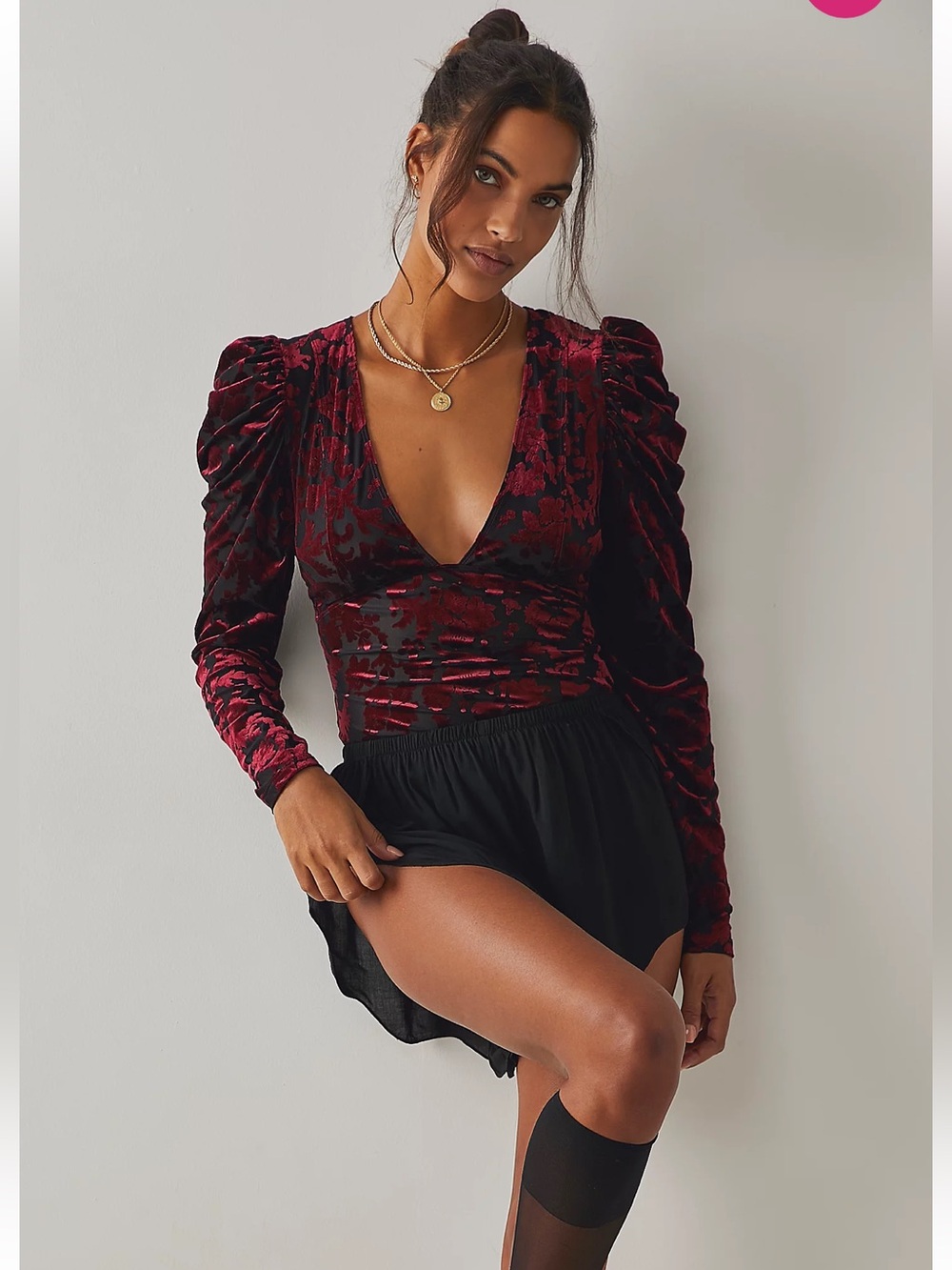 Free People Bodysuit Midnight Combo Magic Hour Velvet Long Sleeves M Wine NWT